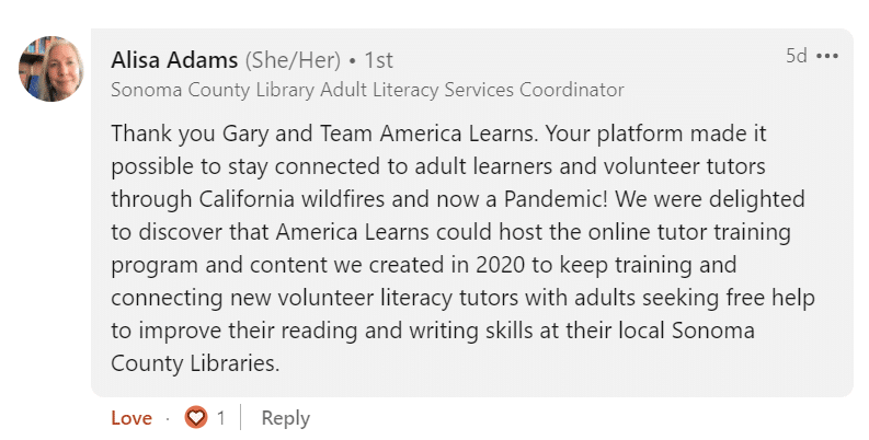 Sonoma Public Library Adult Literacy Award